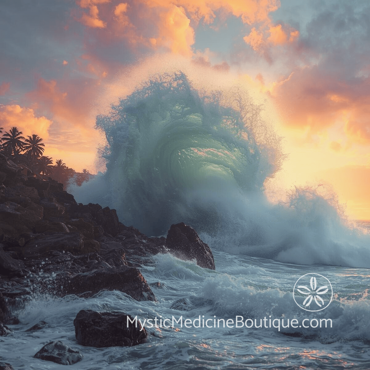 Massive ocean wave crashing at sunset over tropical rocks — purpose reckoning spiritual crisis when life meaning collapses completely