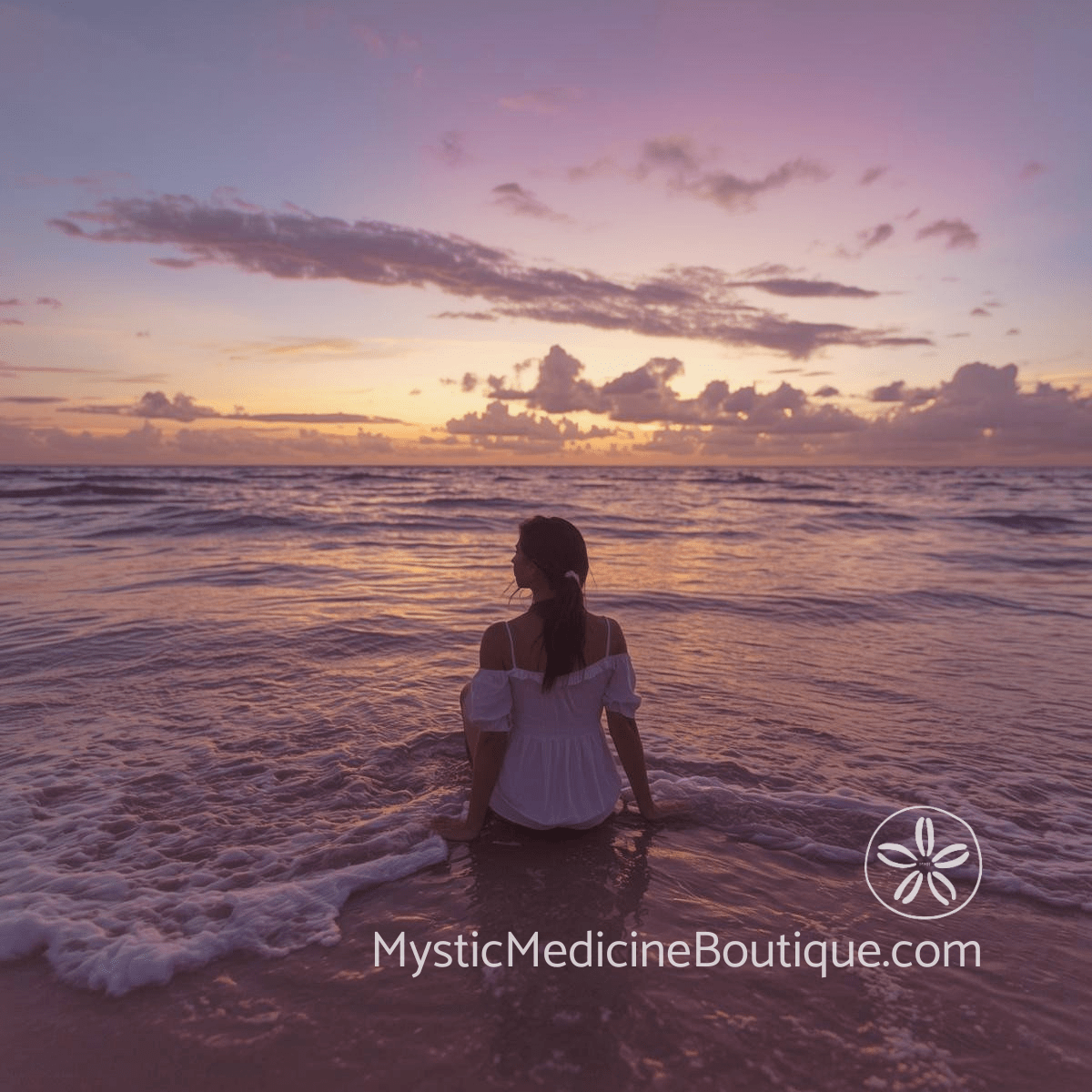 Woman in white dress sitting in ocean waves at tropical sunset, contemplating shadow work during grief and illness
