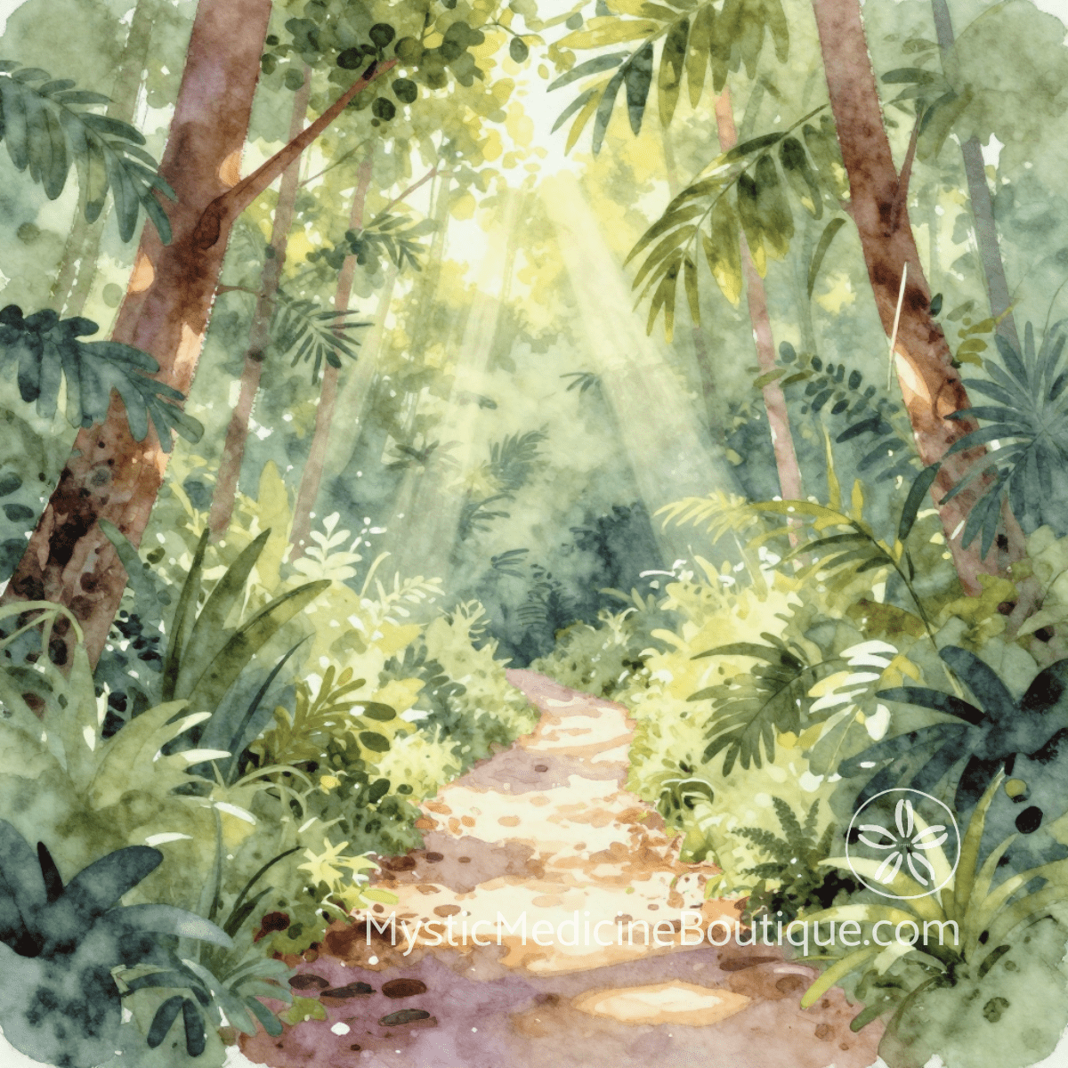 Illustrated tropical forest path with light — red flags energy healing communities protecting discernment RN Reiki Master