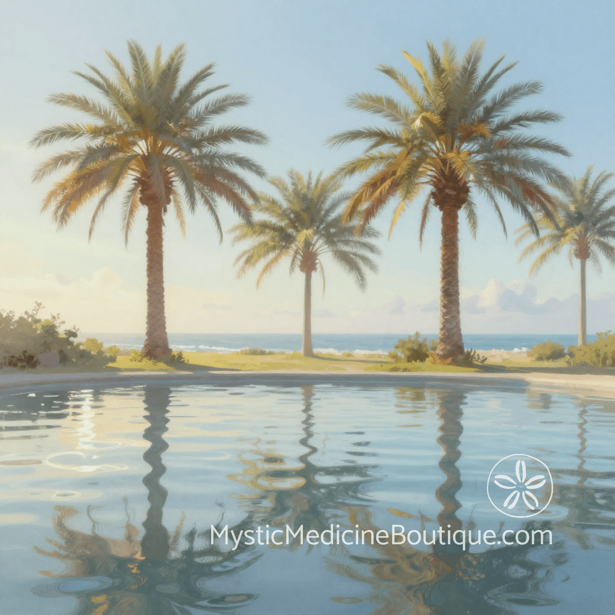 Calm tropical palms reflected in still water — grounding imagery for Reiki betrayal shock and root chakra stabilization