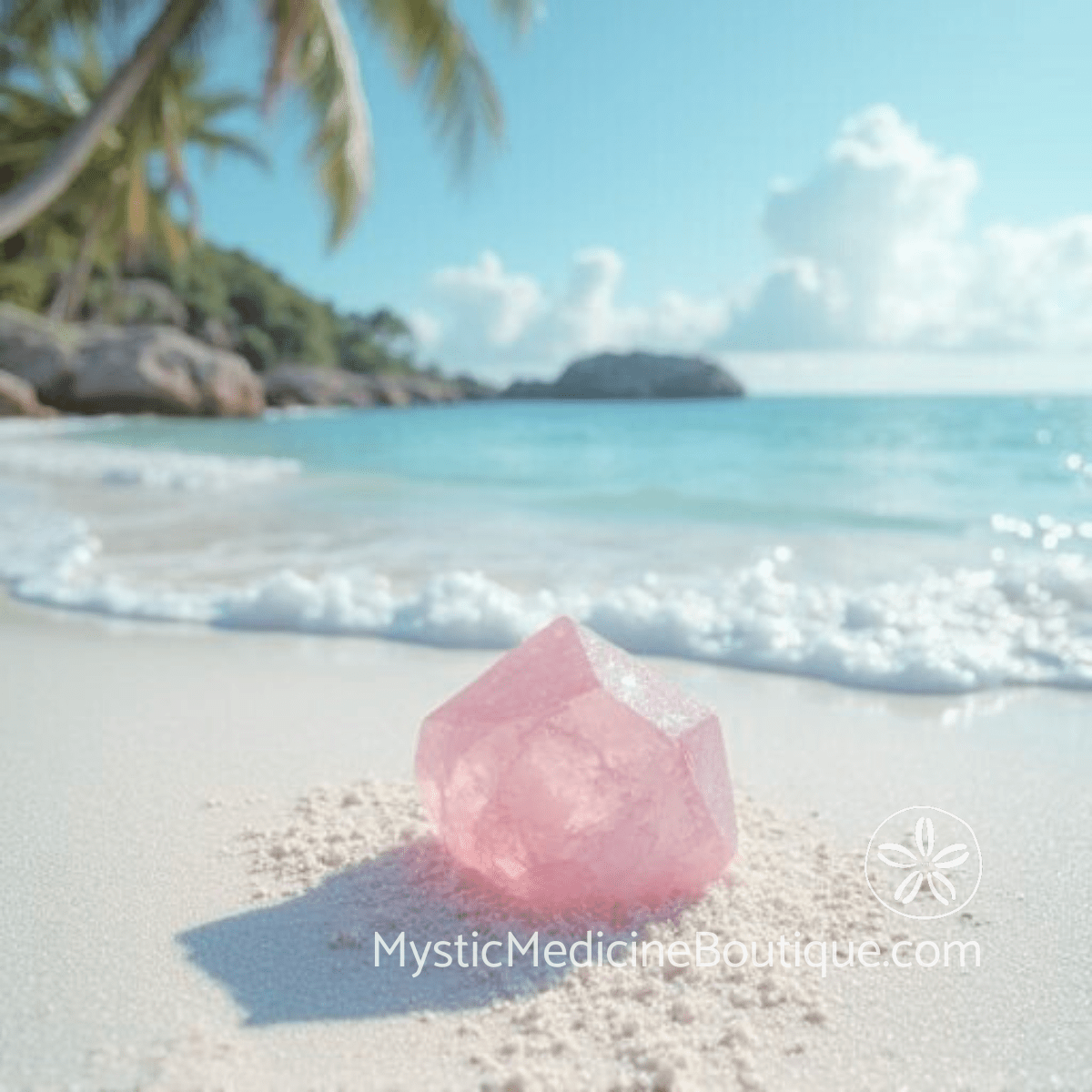 Rose quartz crystal on tropical beach representing Reiki for emotional balance during grief and loss and heart chakra support through life changes