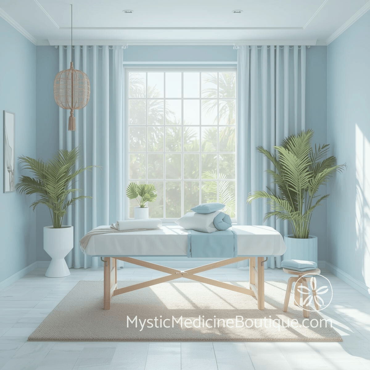 Serene blue healing room with Reiki table and tropical plants representing integrated RN and energy healing practice