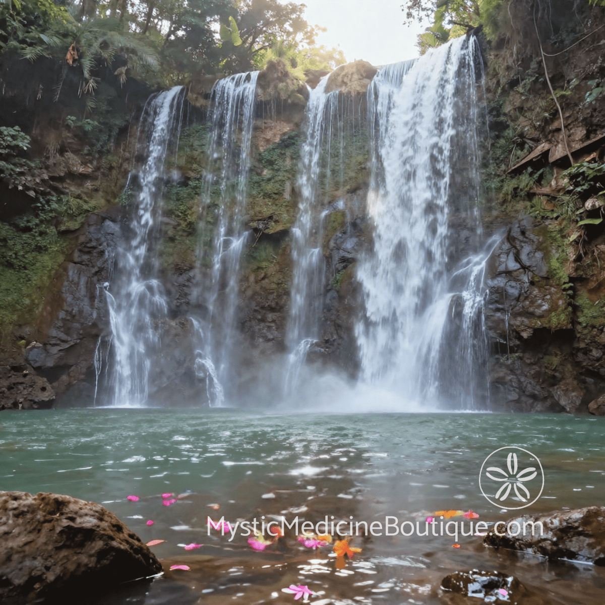 Powerful waterfall flowing into still pool with flower petals — grounding imagery for Reiki overwhelm support and root chakra stabilization