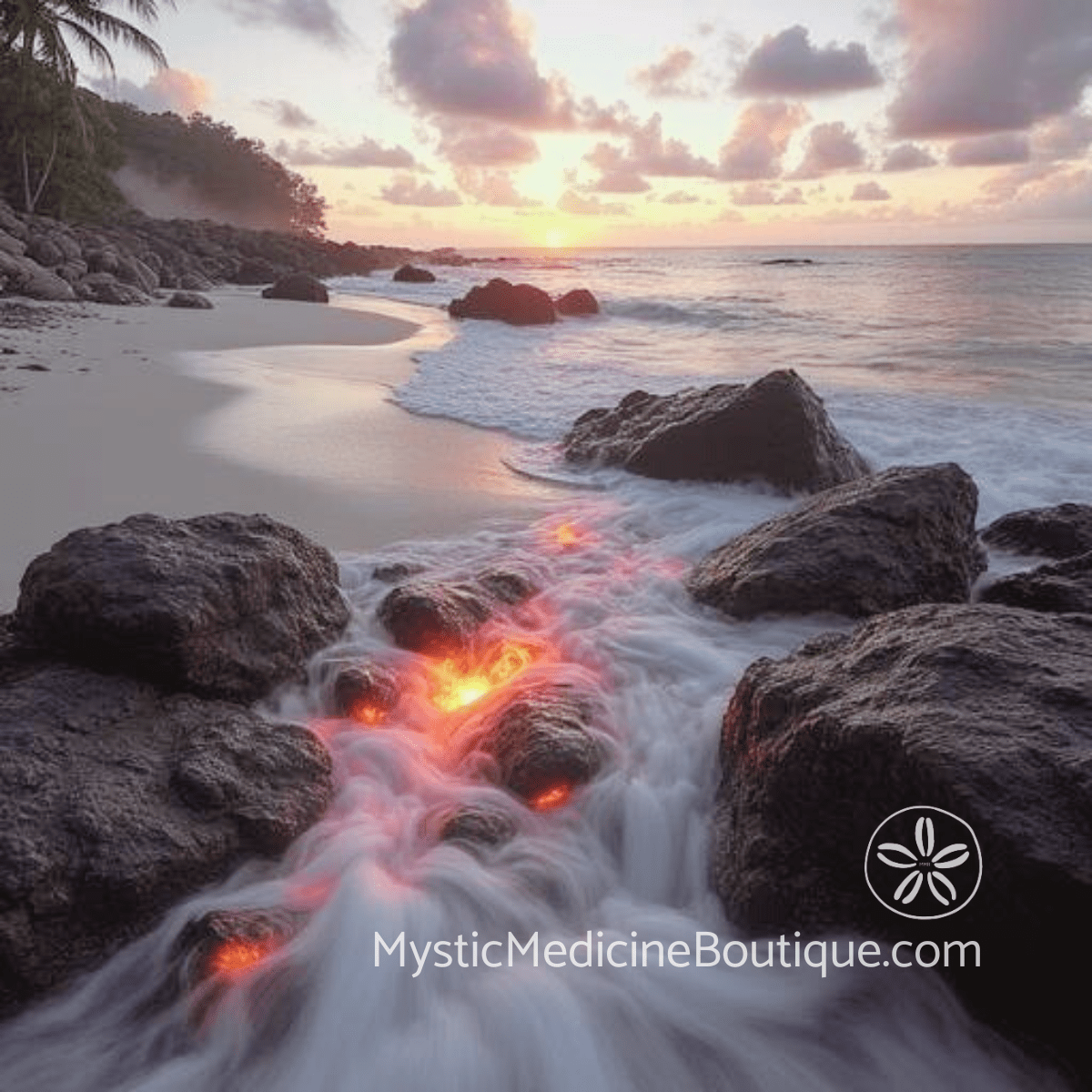 Rocky shoreline with glowing energy flowing between stones at sunset representing Reiki cooling rage and grounding explosive anger