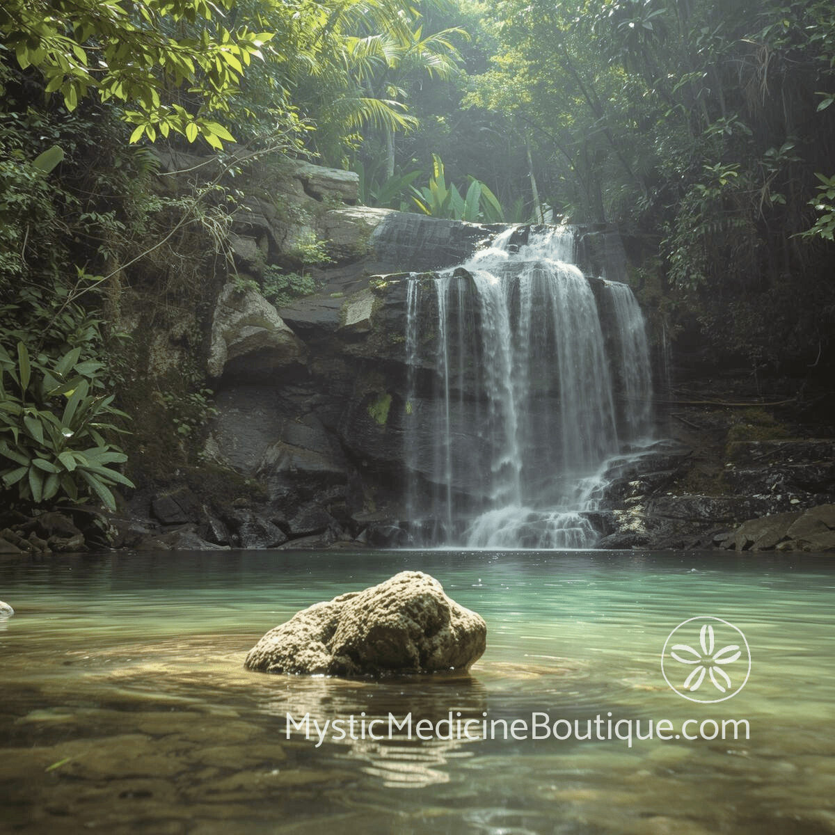 Lush jungle waterfall and pool representing religious spiritual boundaries and protection from faith-based spiritual manipulation