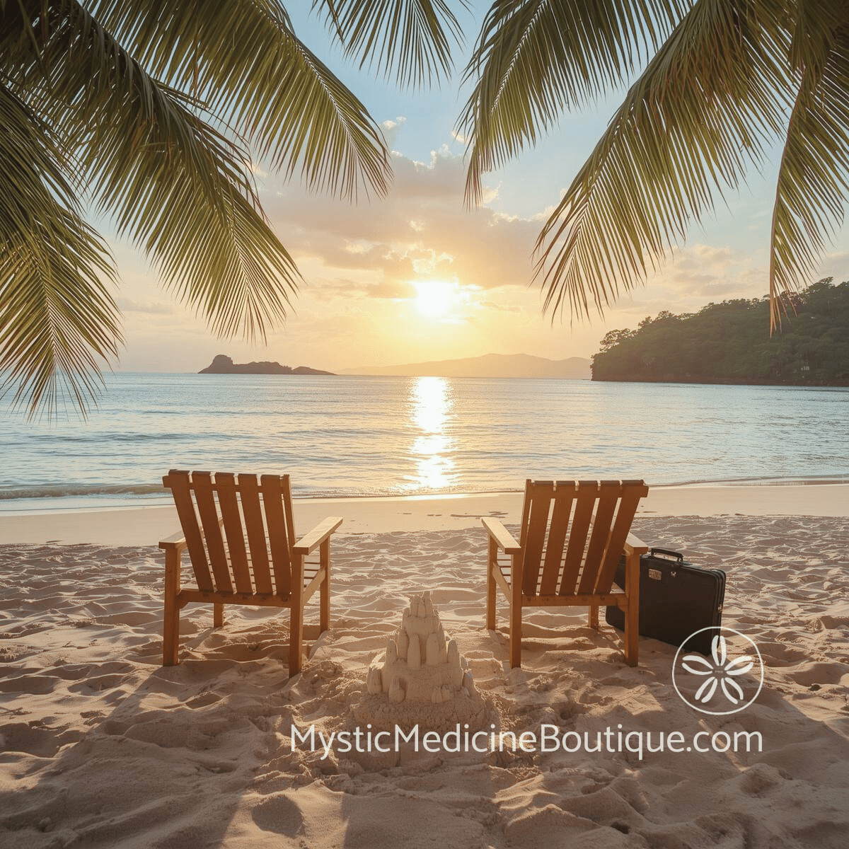 Two empty chairs on a sunset beach representing retirement plus empty nest double identity loss
