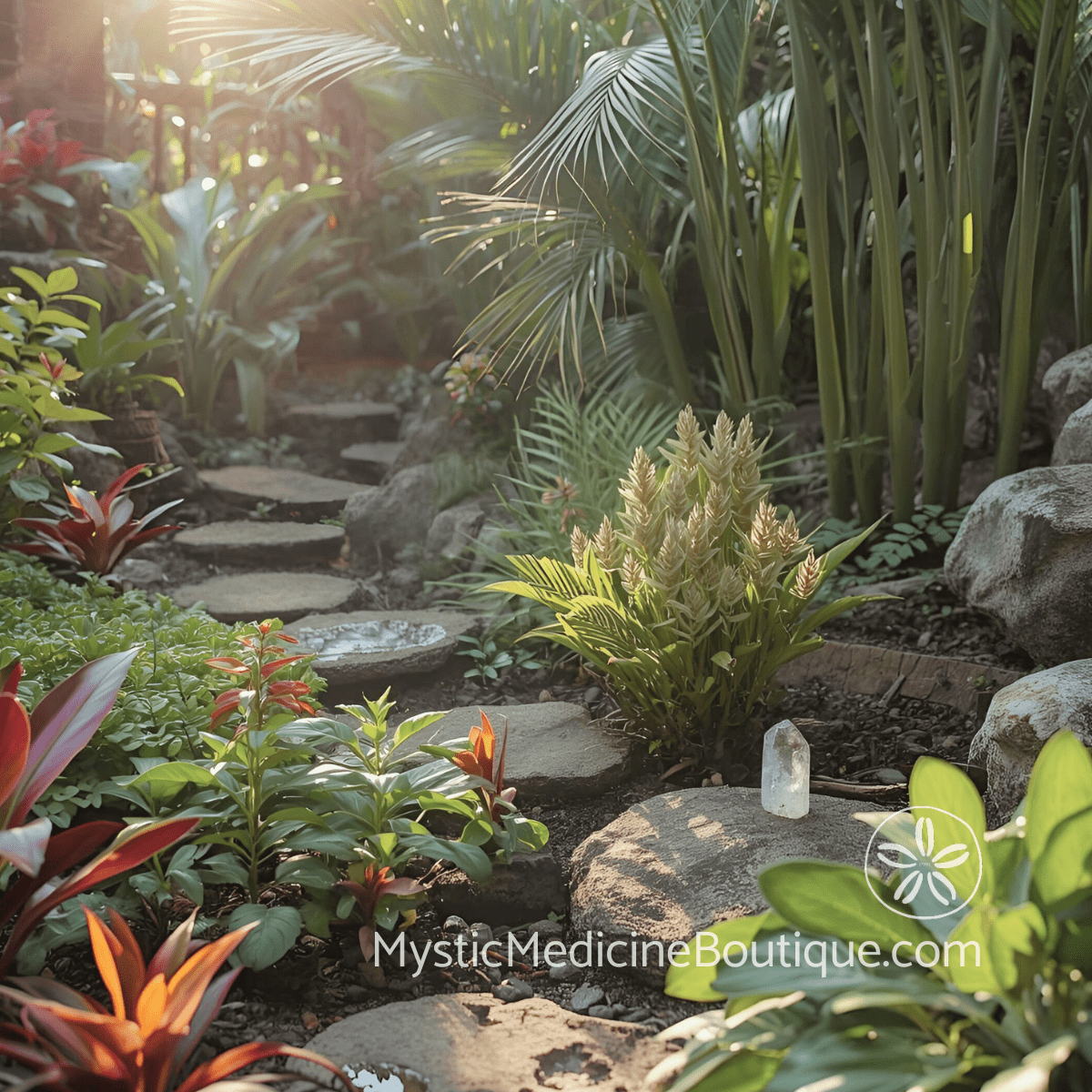 Lush tropical garden with crystal representing the RN and energy healer integrated perspective on retirement spiritual emergency
