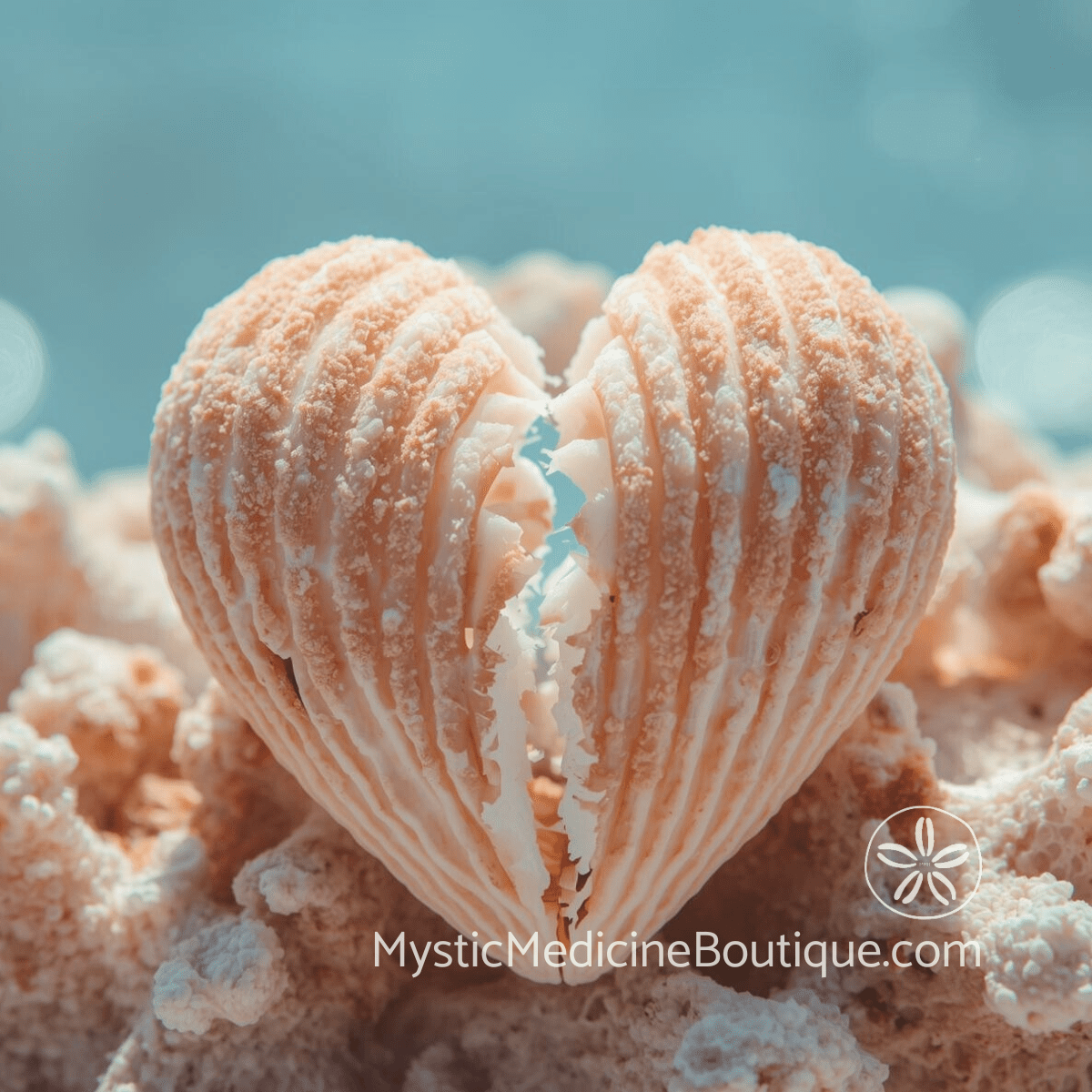 Coral heart split in two on a reef representing the shattered trust of romantic betrayal spiritual emergency