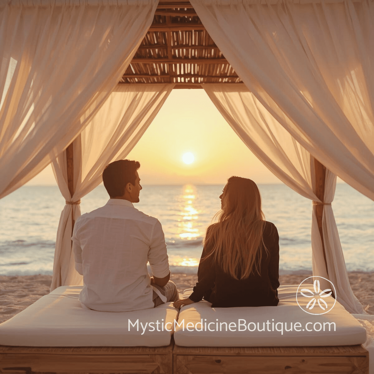 Couple sitting under beach canopy at sunset representing the complex intimacy of romantic energy vampire relationships and the drain they create