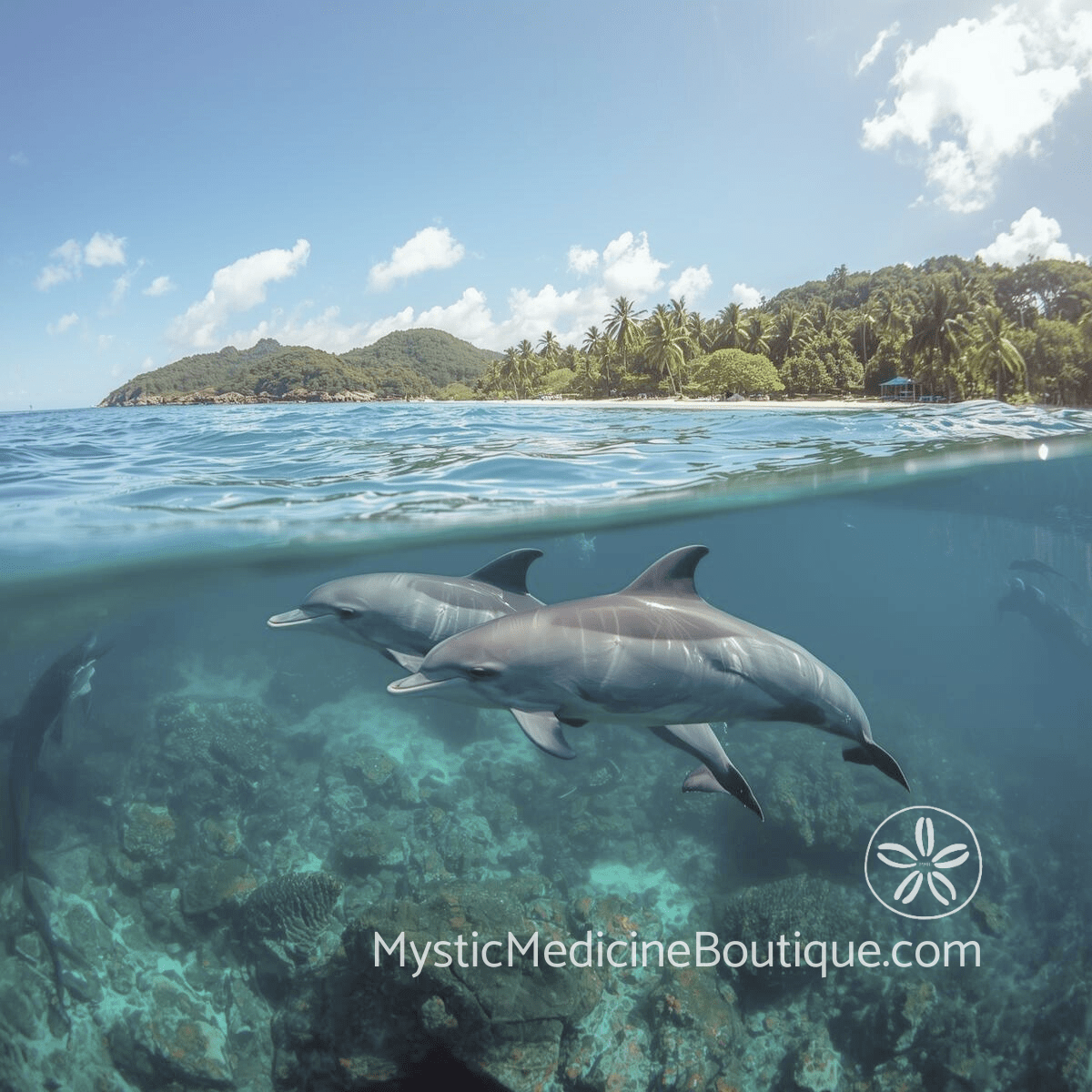 Illustrated split view of tropical island above water and dolphins below representing romantic relationship empath protection