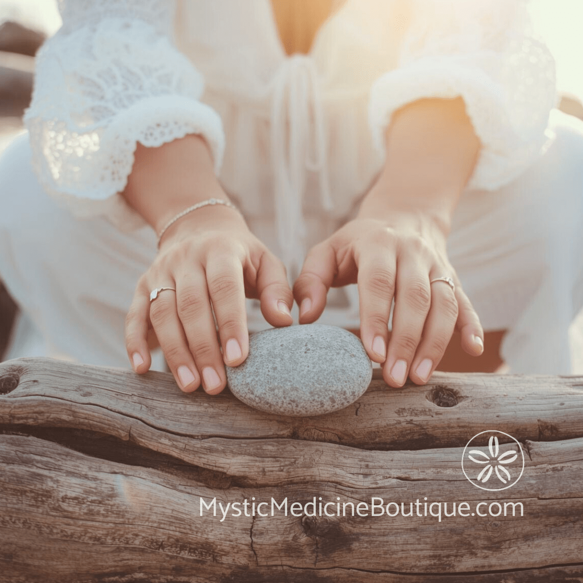Hands resting on smooth river stones on driftwood representing root chakra grounding and nervous system stabilization during overwhelm