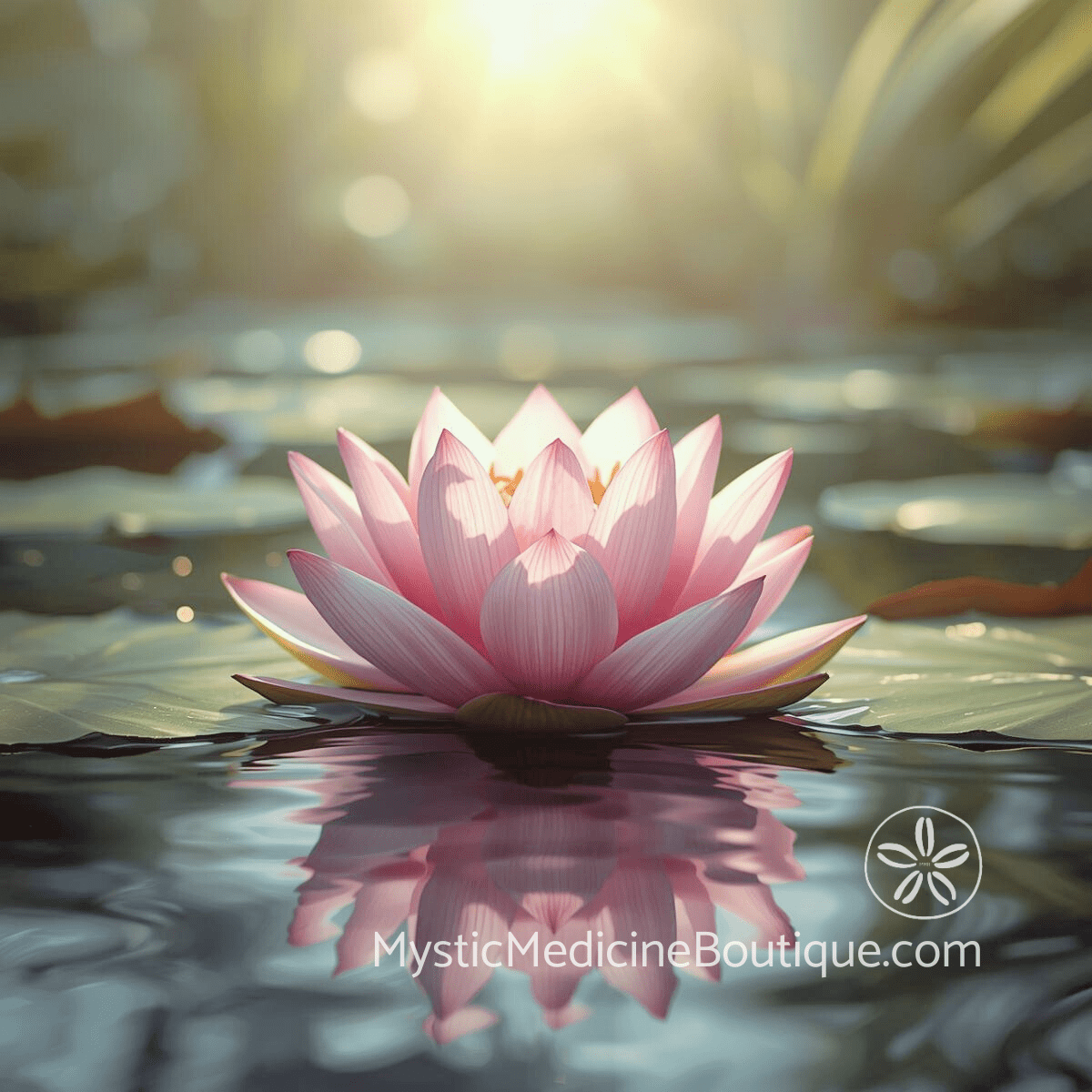 Pink lotus floating on still water with golden light representing the integration of nursing expertise and Reiki Master energy healing for root chakra grounding