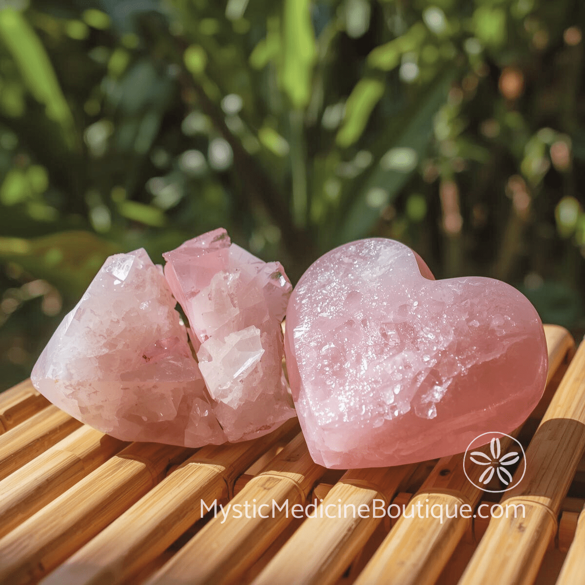 Rose quartz crystals including heart-shaped piece representing targeted rose quartz support for heartbreak recovery and betrayal healing