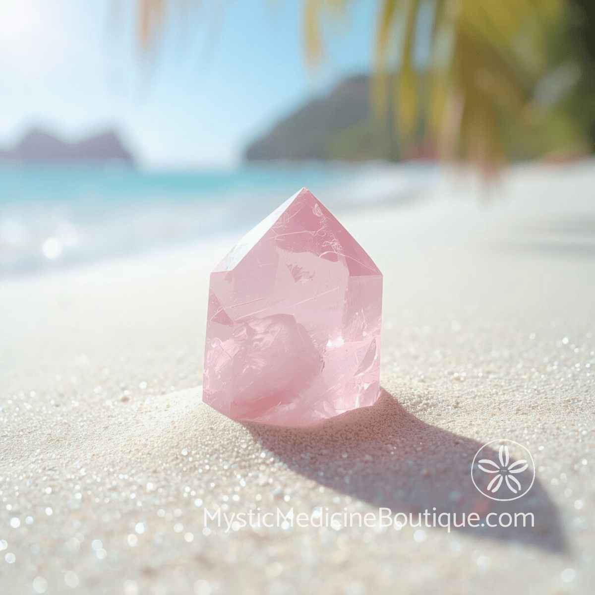 Rose quartz crystal point on tropical beach sand representing rose quartz for self-love and heart chakra healing