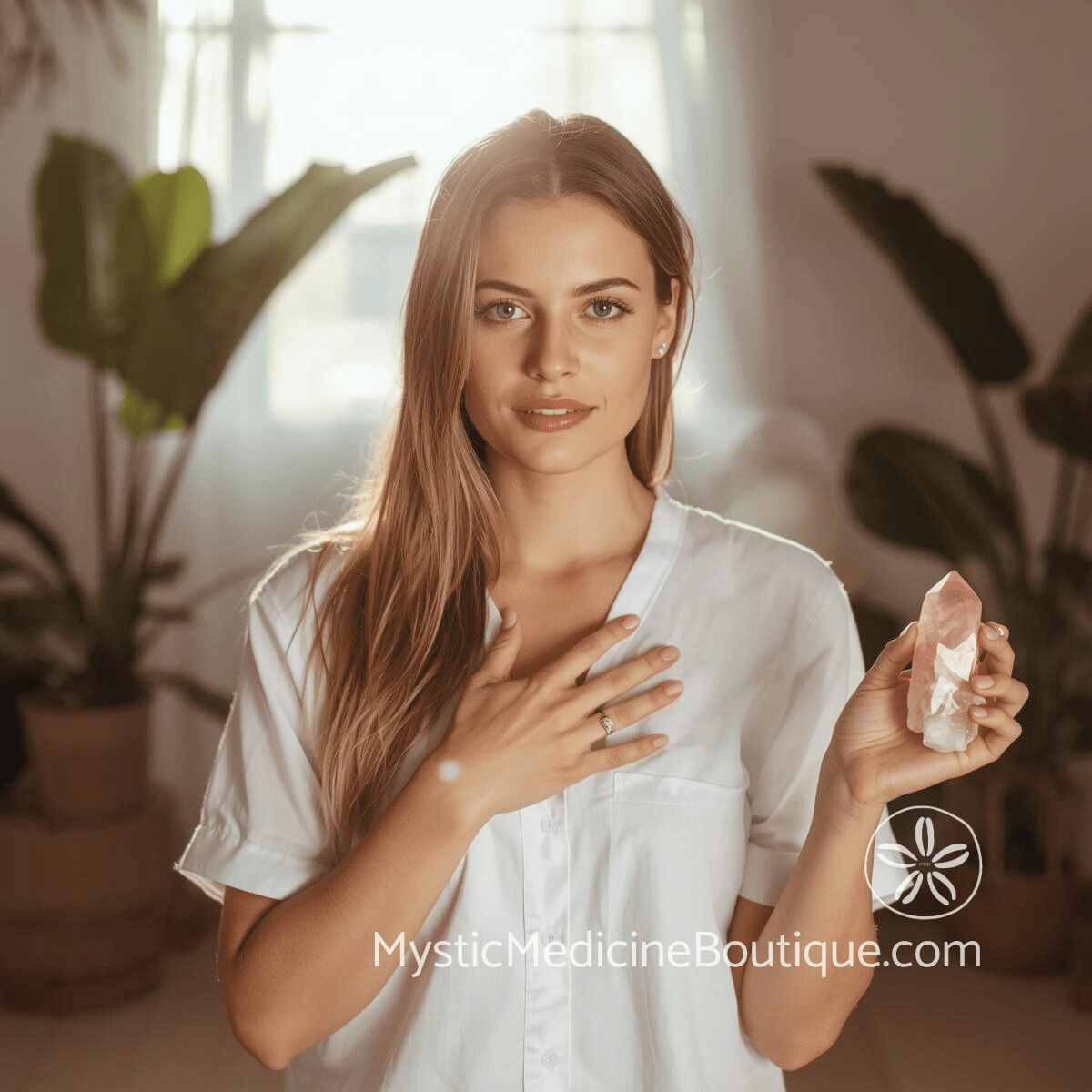 Woman holding rose quartz to heart representing how rose quartz works through nursing science and energy healing integrated RN Reiki Master perspective