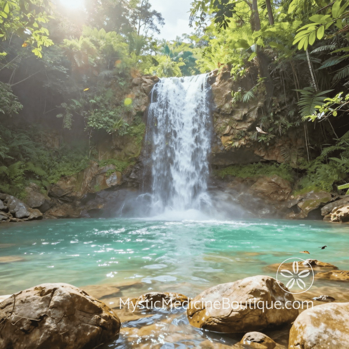Tropical waterfall flowing into clear pool surrounded by lush forest — flowing water imagery for sacral chakra healing during spiritual emergency and emotional restoration
