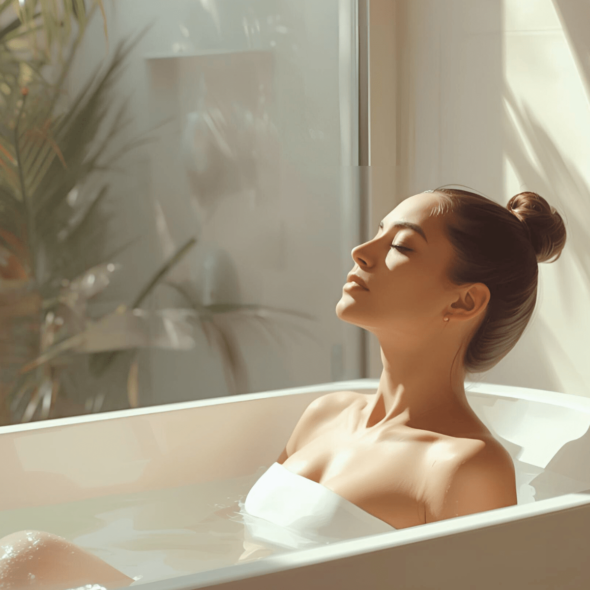 Woman relaxing in bath with plants representing sacred bath rituals and plant-based support for emotional overwhelm and spiritual crisis