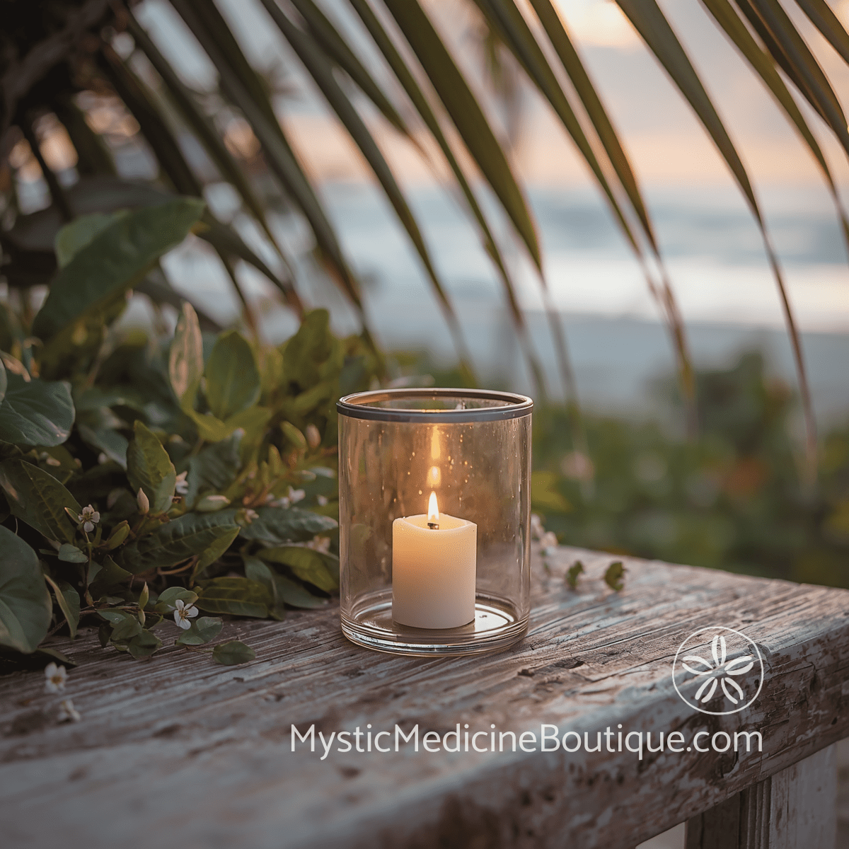 Glass lantern with lit candle on weathered wood surface surrounded by tropical leaves and ocean at dusk, representing safe shadow work when ill or grieving
