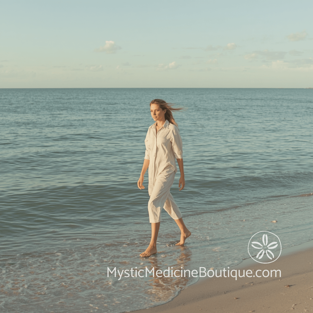 Woman walking barefoot along tropical shoreline representing safe navigation of spiritual emergency triggered by financial ruin