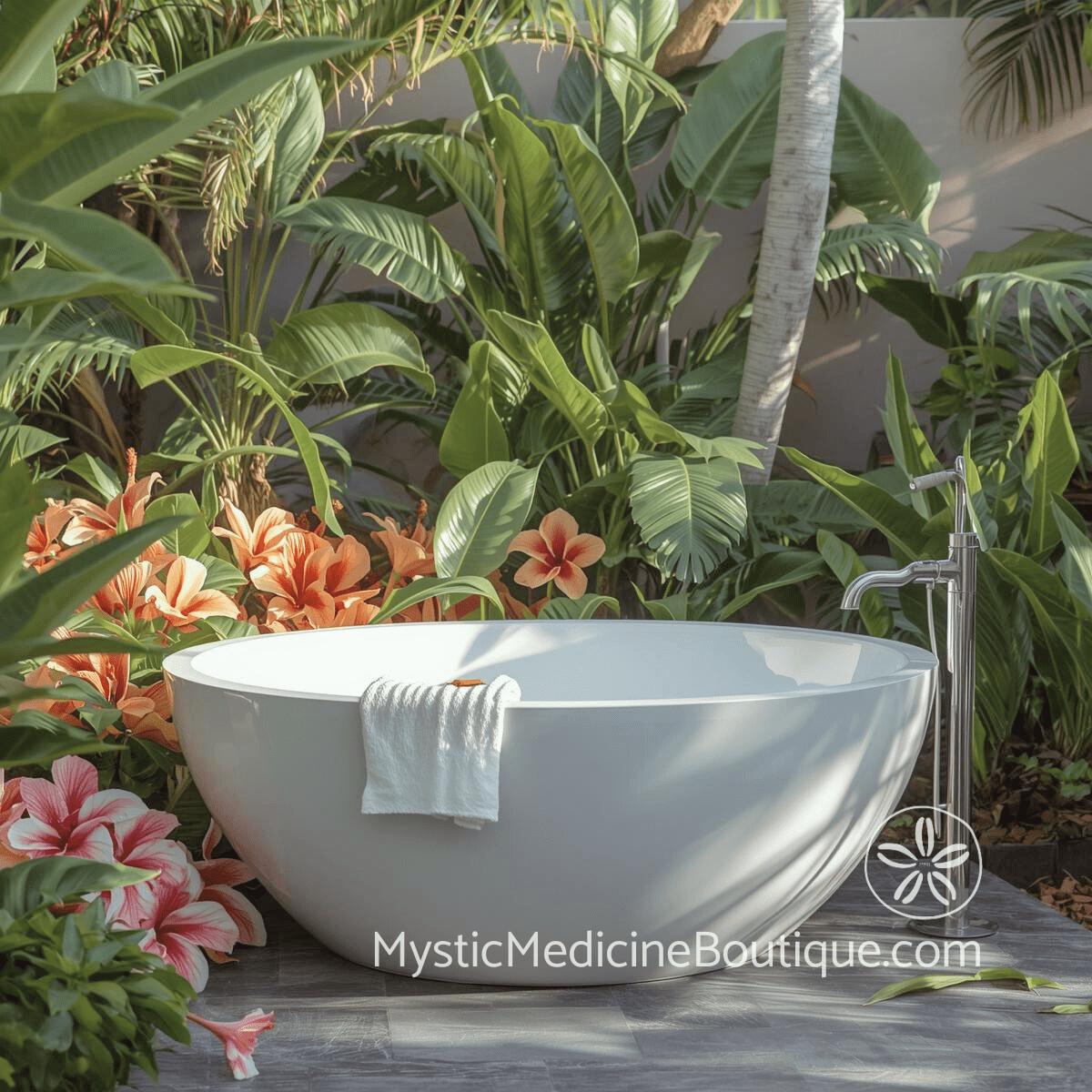 Freestanding white bathtub amid tropical greenery and florals representing the deep immersive practice of salt bath energy clearing