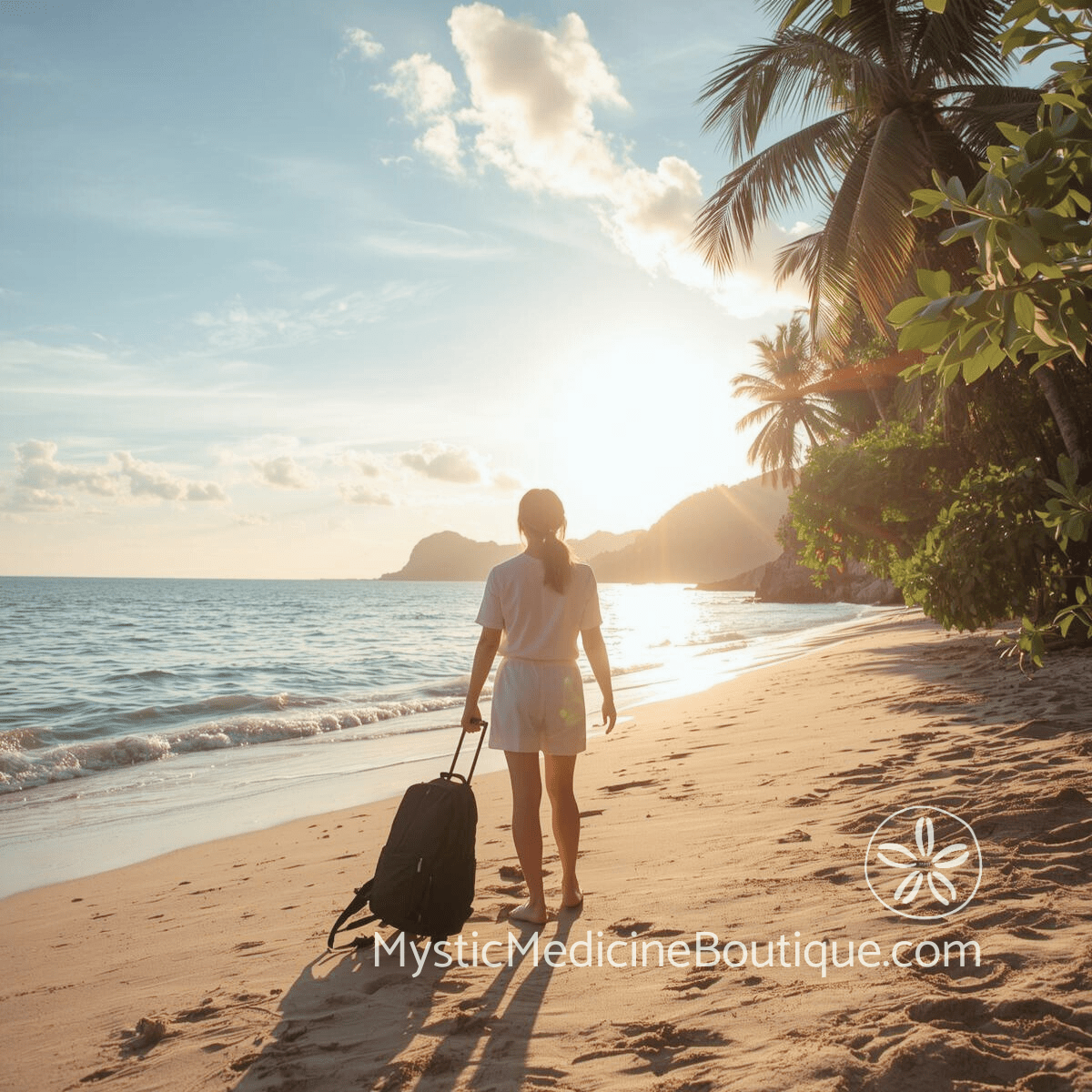 Woman walking on tropical beach with luggage at sunset representing school empath protection for students and teachers