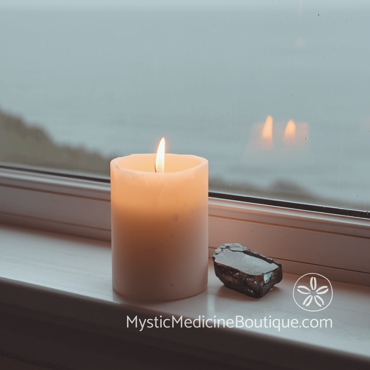 White candle and labradorite on a coastal windowsill — seasonal energy protection practices for empaths when life feels heavy, RN Reiki Master explains