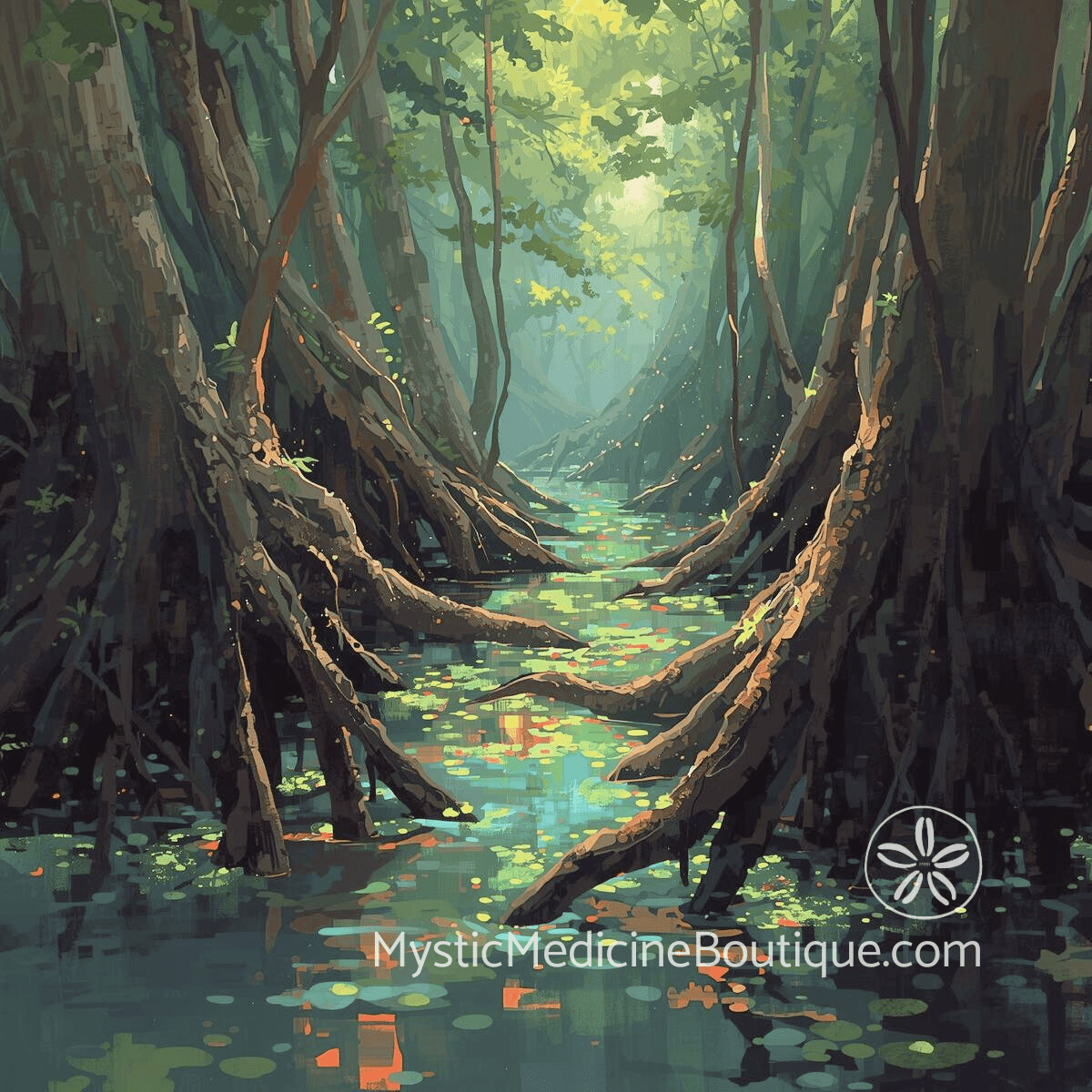 Dark jungle swamp with twisted roots — shadow work after trauma and healing