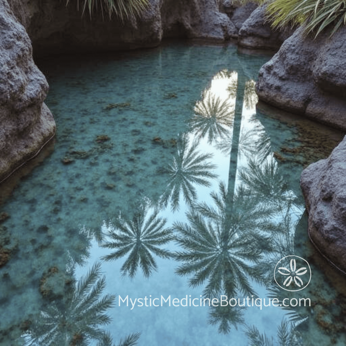 Palm trees reflected perfectly in a still turquoise pool representing the mirror dynamic of shadow projection and seeing yourself in others