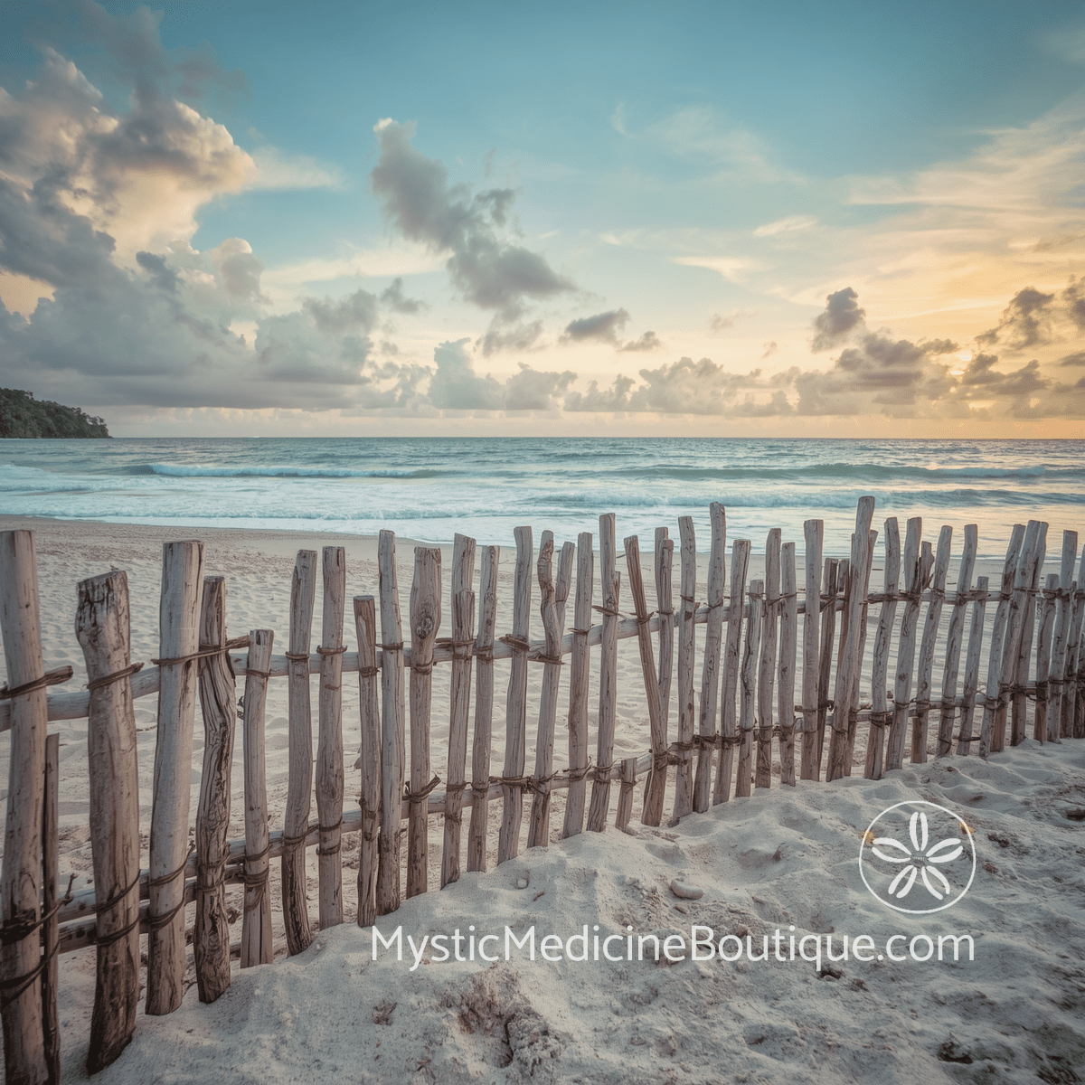 Driftwood fence on tropical beach at sunrise representing boundaries needed during shadow work when grief or illness feels heavy
