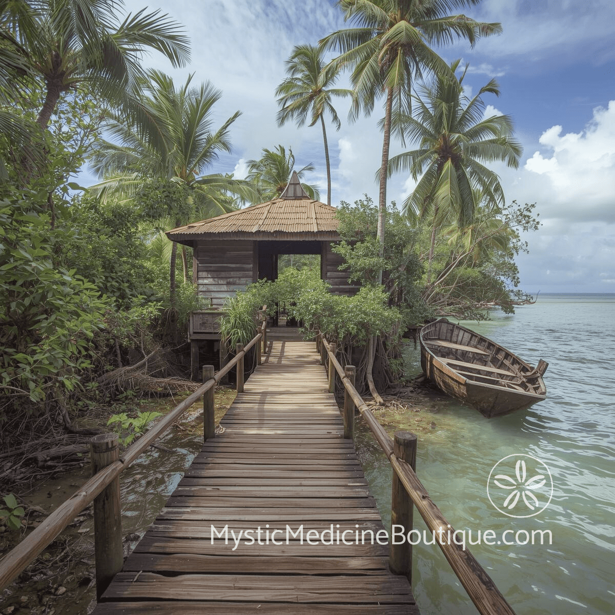 Tropical wooden dock and hut surrounded by palm trees — shadow work during career crisis