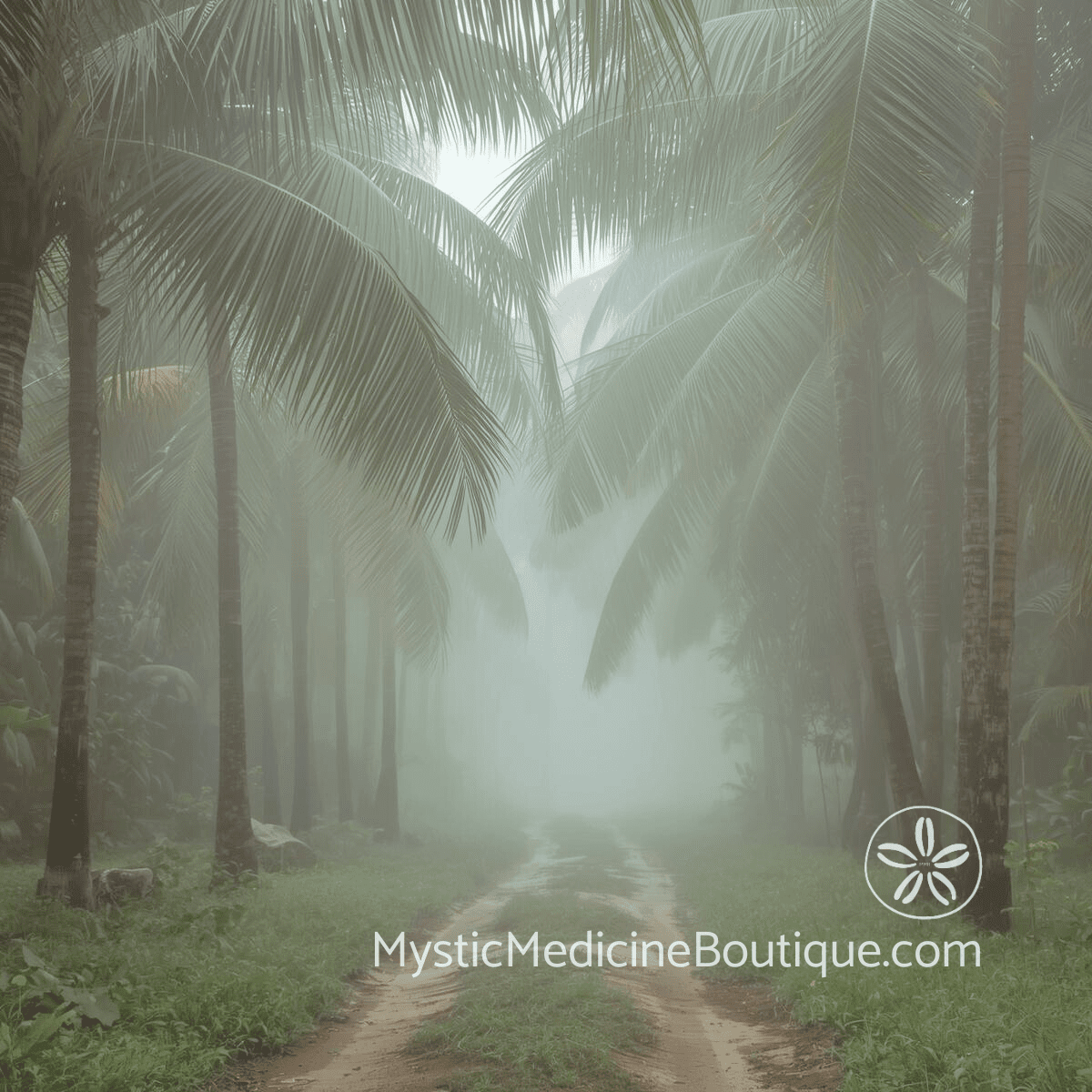 Misty tropical path through palm trees representing shadow work during illness and psychological dimensions disease reveals