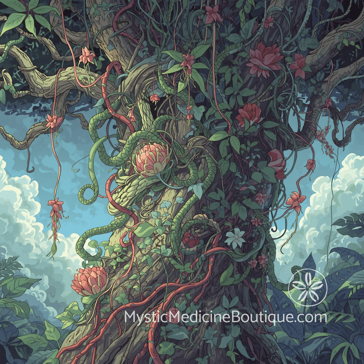Surreal tree with tangled vines and flowers — shadow work for codependents and enmeshment