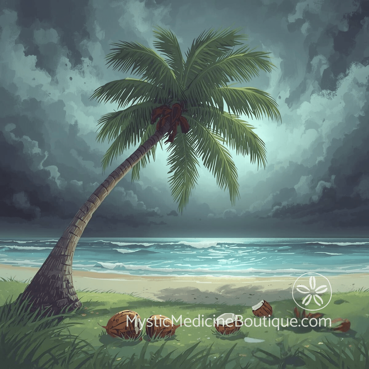 Stormy beach with bending palm tree — shadow work for people-pleasers and hidden anger