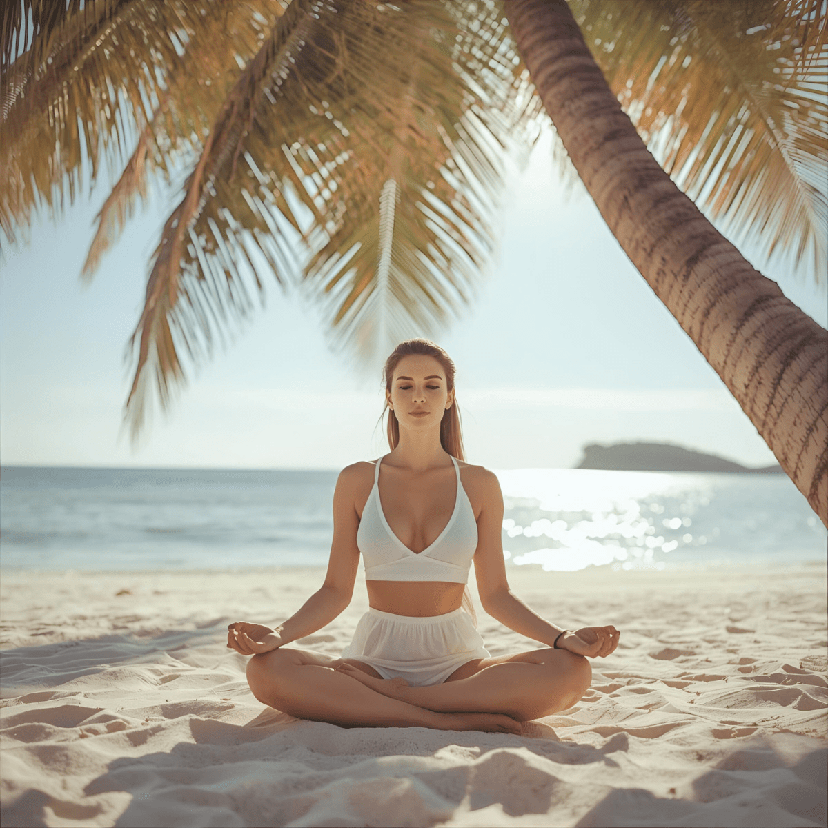 Shadow work spiritual emergency RN professional guide — woman meditating in white on tropical beach representing grounded professional crisis assessment before shadow work exploration