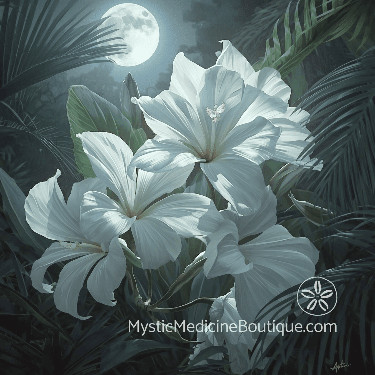 Shadow work integration — white tropical flowers in moonlight representing the process of bringing dark unconscious material into conscious awareness during spiritual emergency