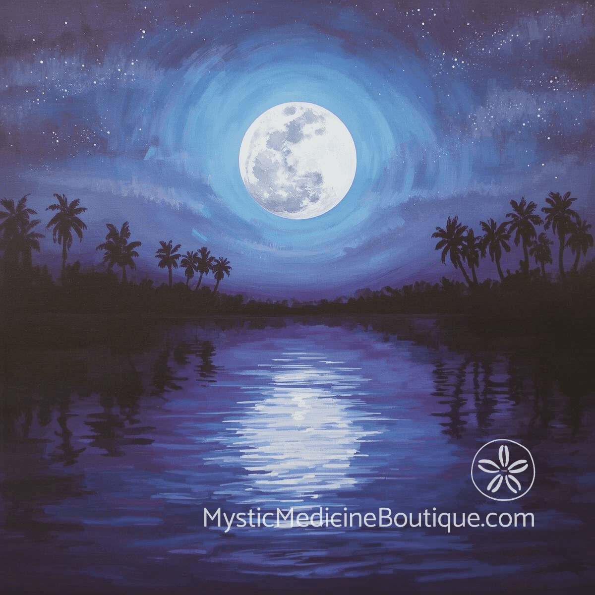 Illustrated moonlit tropical lagoon with full moon and palm trees representing the depth and illumination of shadow work journaling practice