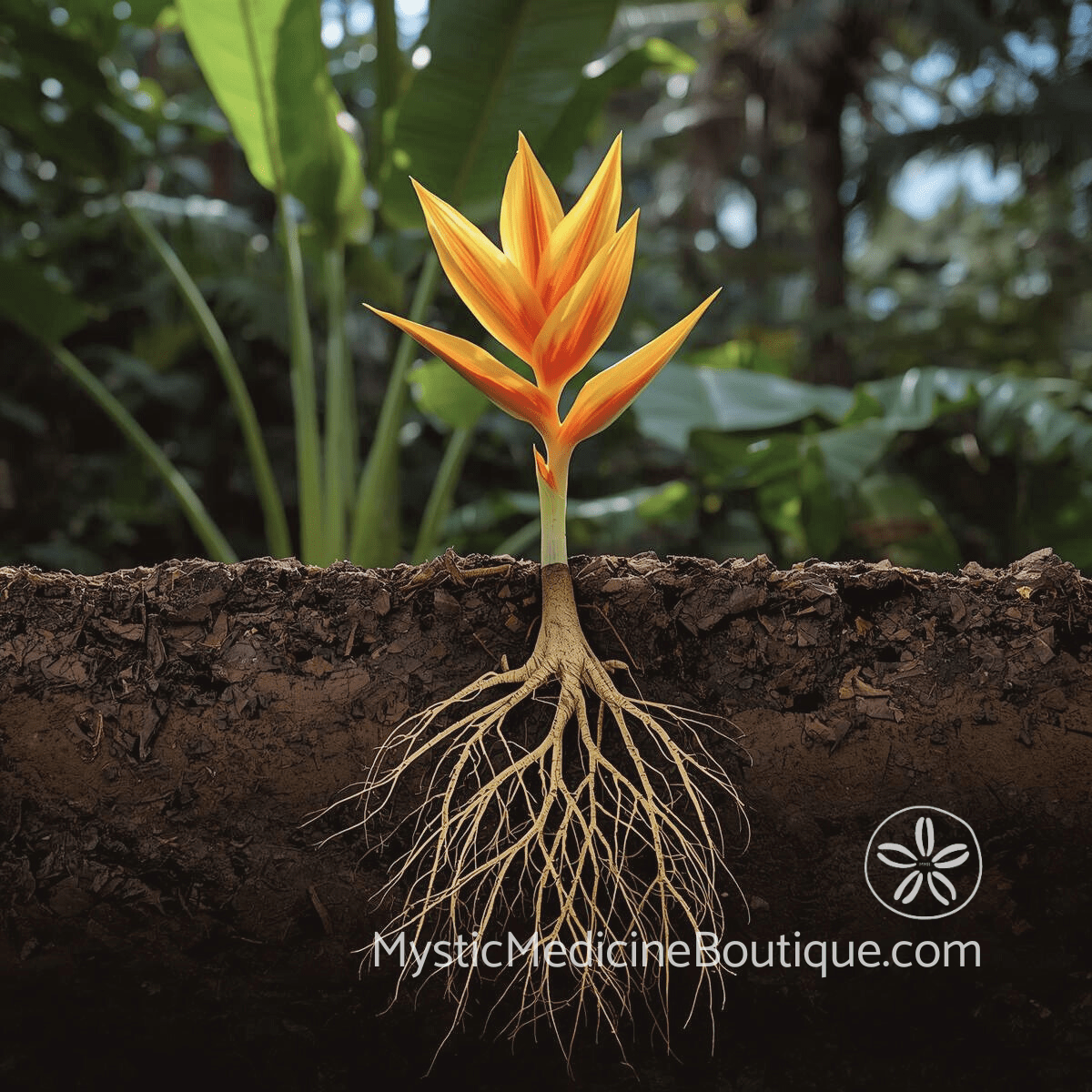 Shadow work spiritual bypass shown as flowering plant with deep root system growing through dark soil, representing genuine integration beneath spiritual surface