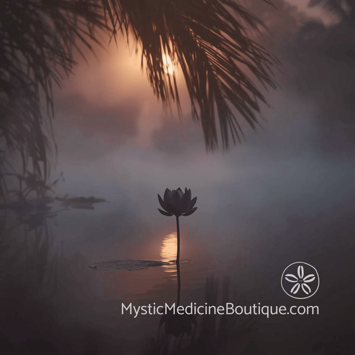Dark lotus flower silhouette rising from misty tropical water at dusk with palm fronds, representing signs shadow work is surfacing during illness or grief
