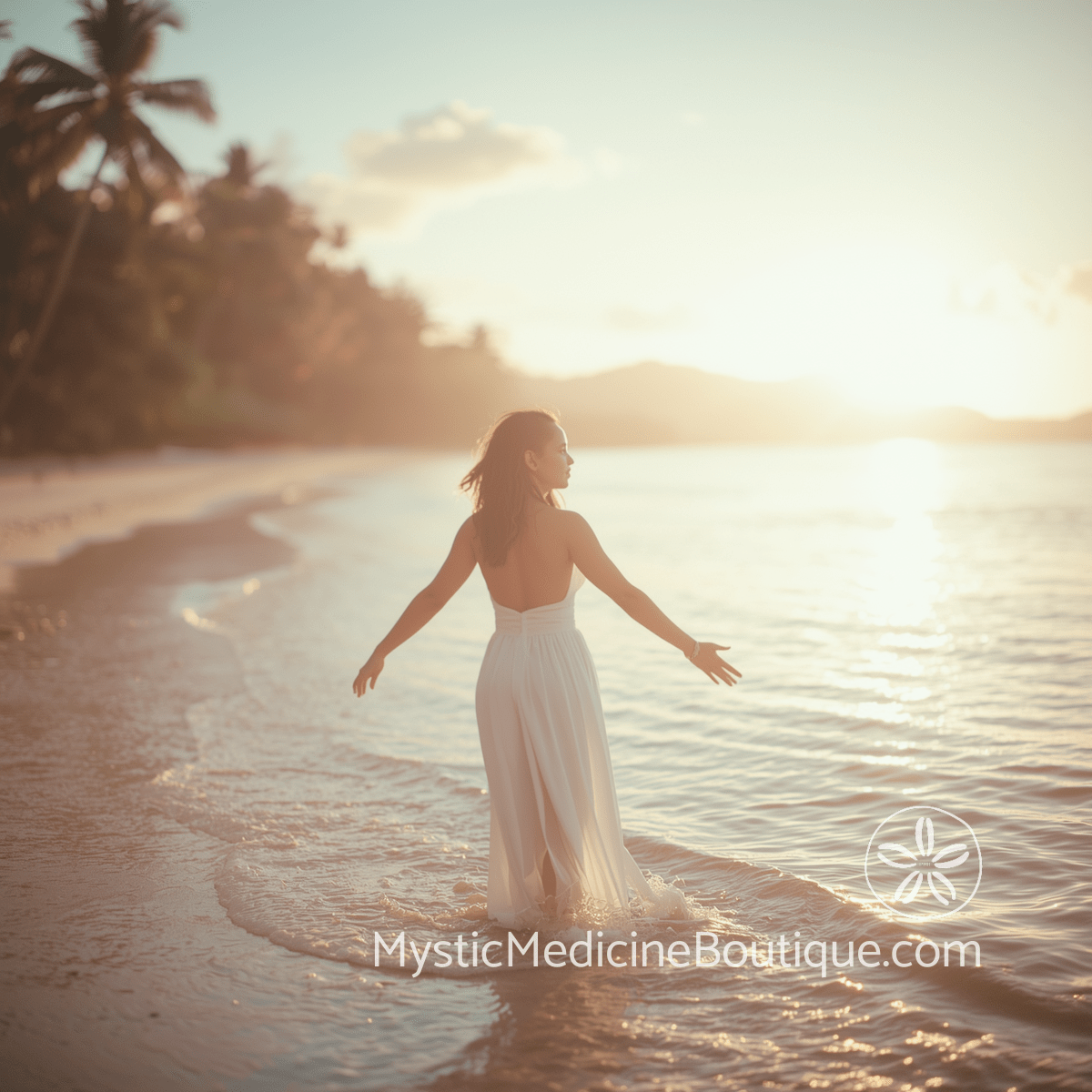 Woman in white dress standing at tropical shoreline with arms open wide, golden sunrise light, representing empath awareness and energetic sensitivity