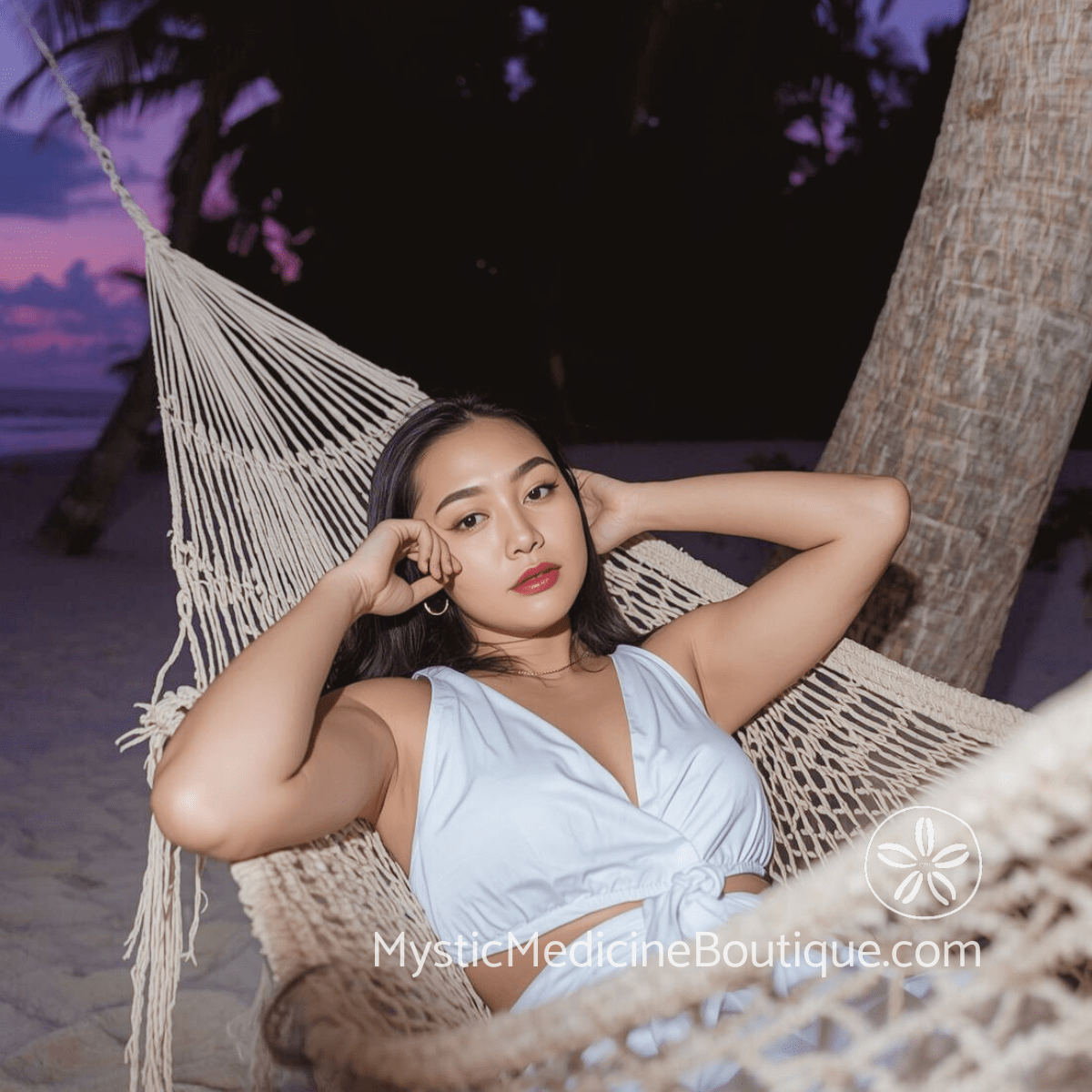 Woman resting in hammock at tropical beach at dusk representing signs you need amethyst support for sleep and crown chakra balance