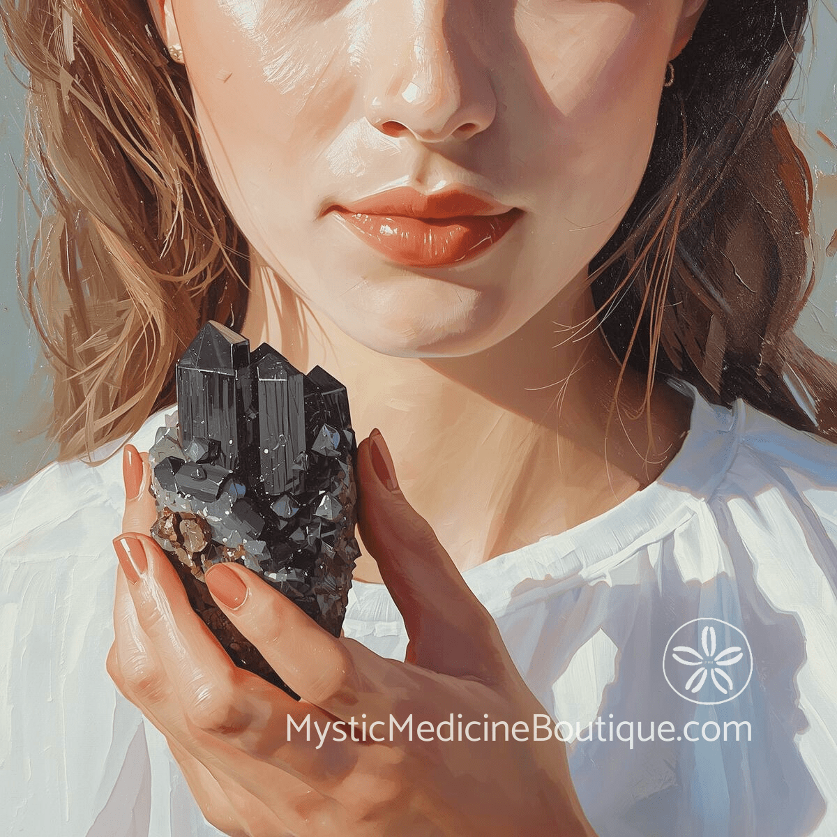 Woman holding black tourmaline crystal representing signs you need black tourmaline support for root chakra imbalance and energetic protection