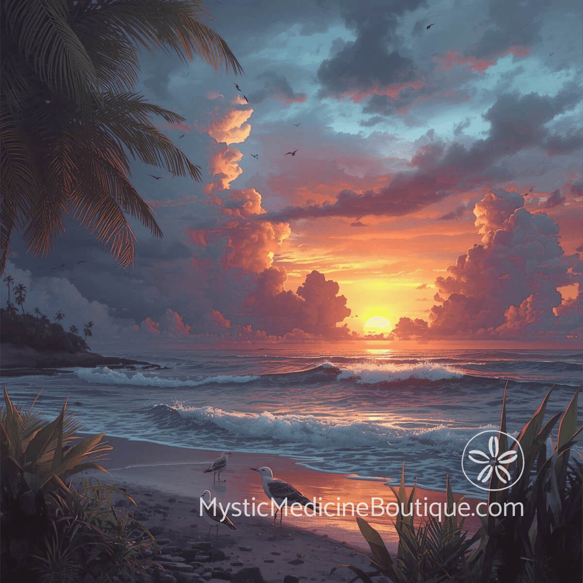 Illustrated tropical sunset with dramatic storm clouds and crashing waves representing the turbulence of empathic overwhelm and the need for protection
