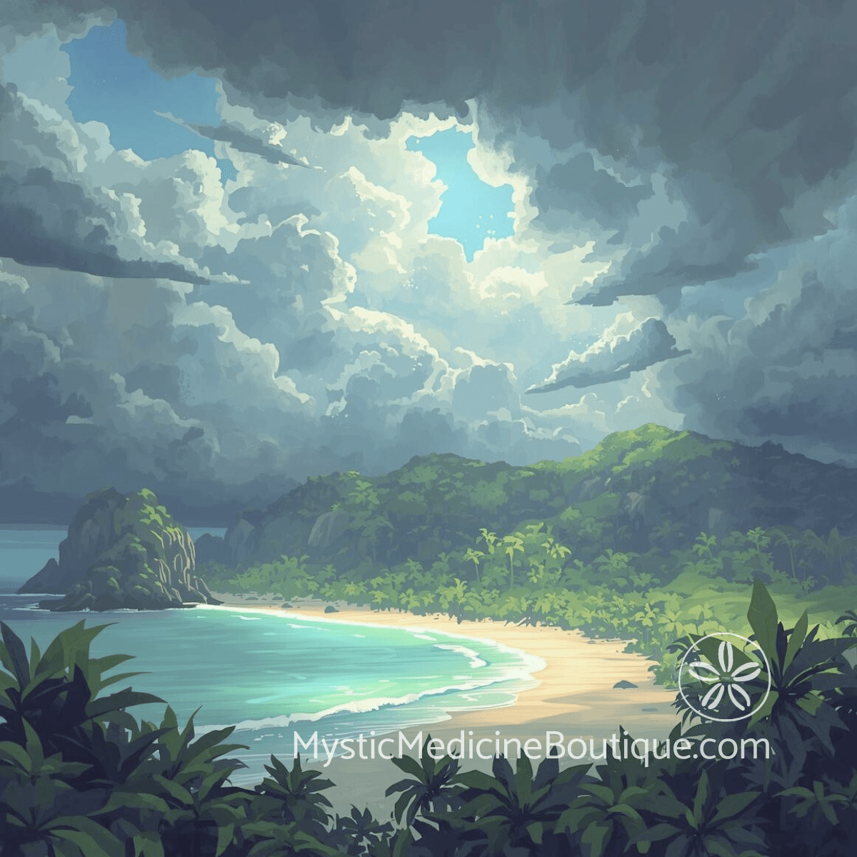 Dramatic tropical beach with stormy glowing sky representing energetic overwhelm and the need for energy clearing