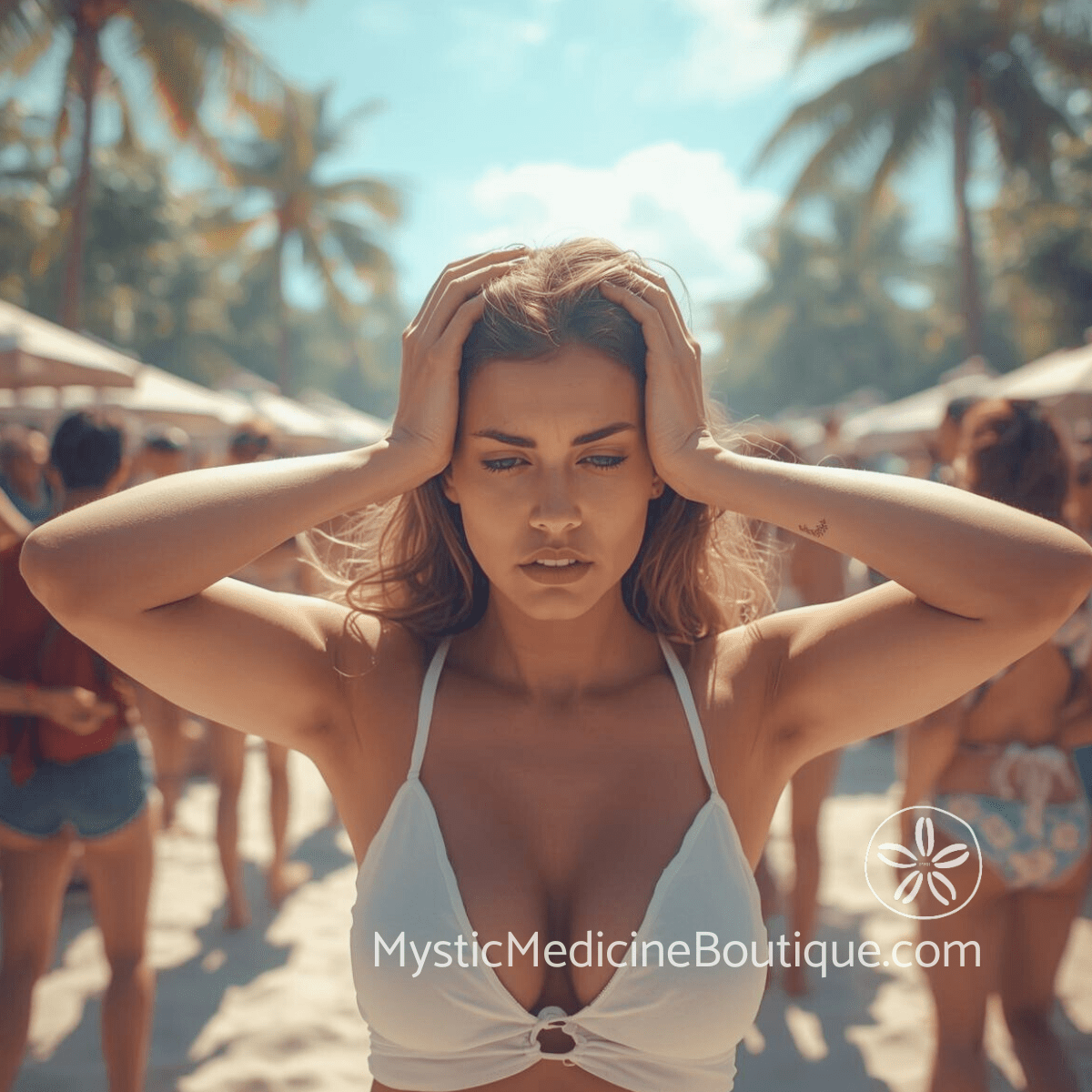 Woman on tropical beach with hands on head representing the overwhelm and exhaustion of absorbing others' energy without adequate psychic protection