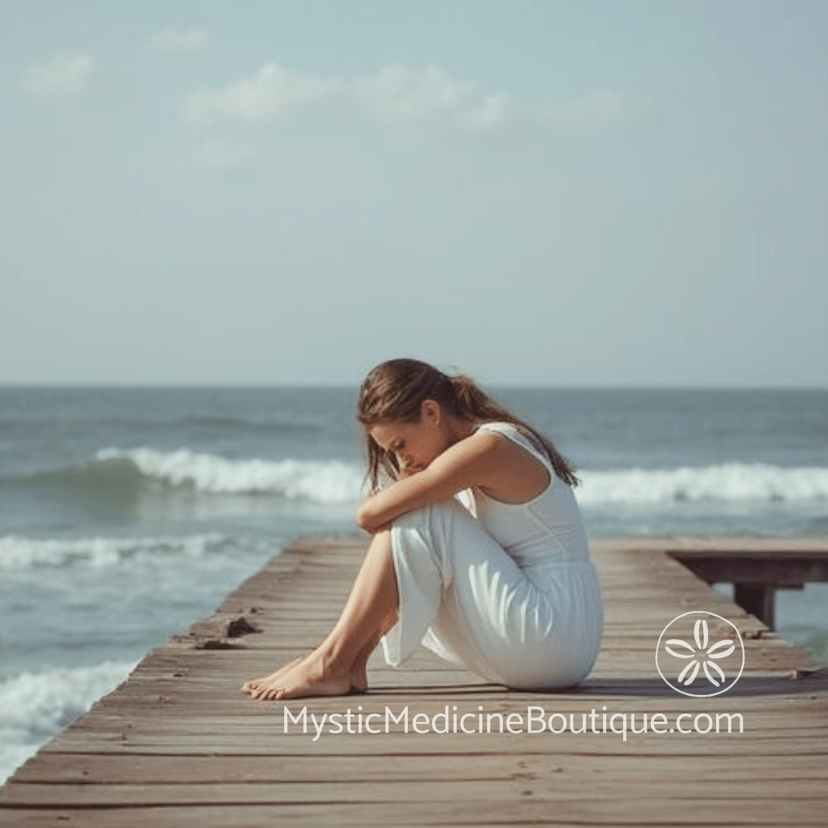 Woman sitting alone on ocean dock representing the disconnection and ungroundedness that signal root chakra imbalance and need for grounding
