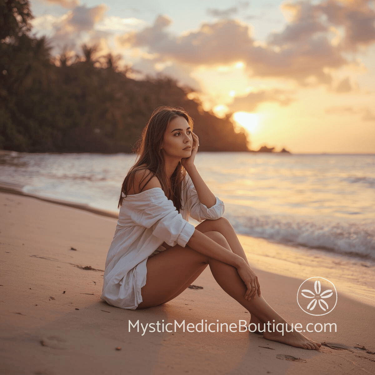 Woman sitting on beach at sunset representing signs you need rose quartz support and heart chakra imbalance recognition