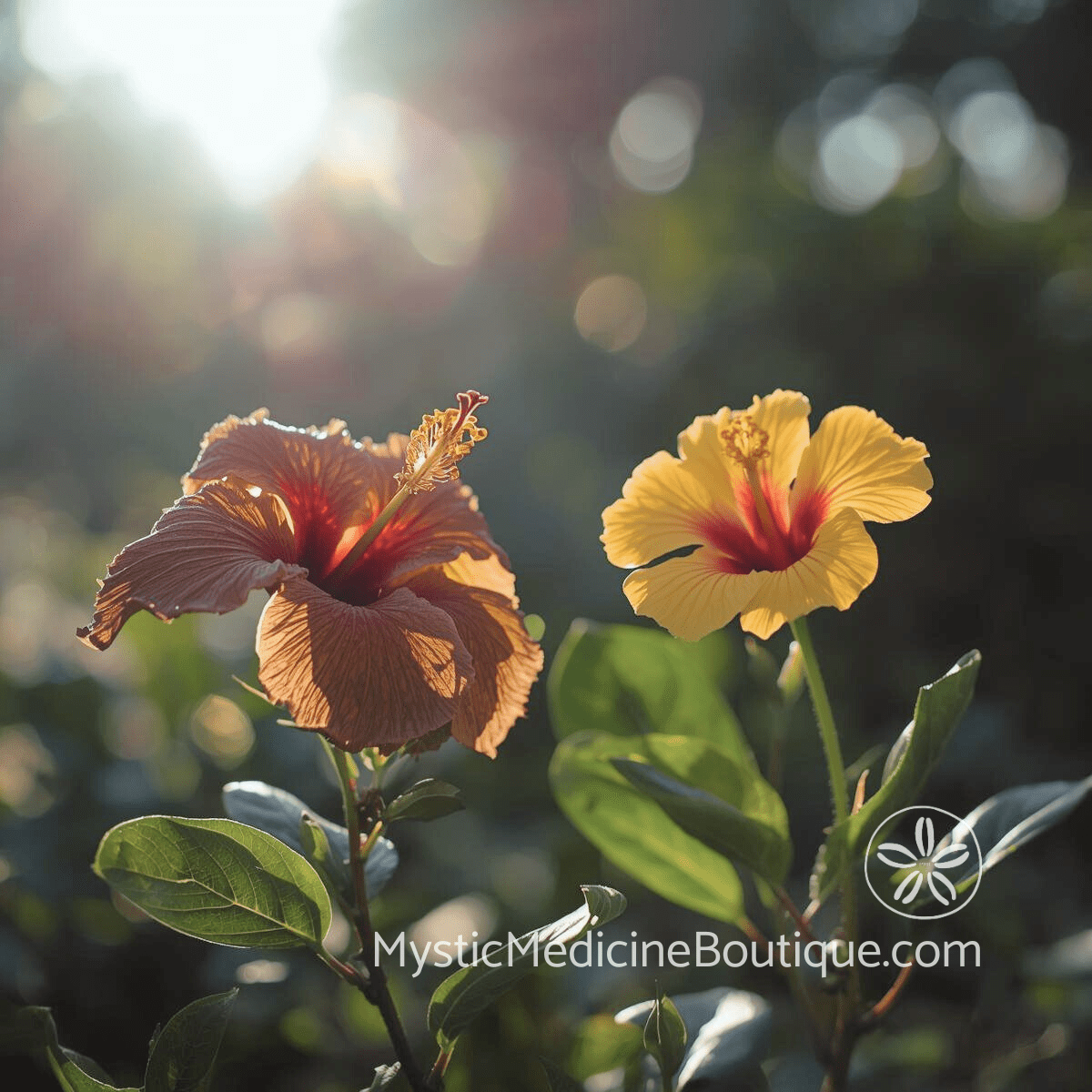 Red and yellow hibiscus flowers in sunlight representing solar plexus chakra healing and confidence restoration