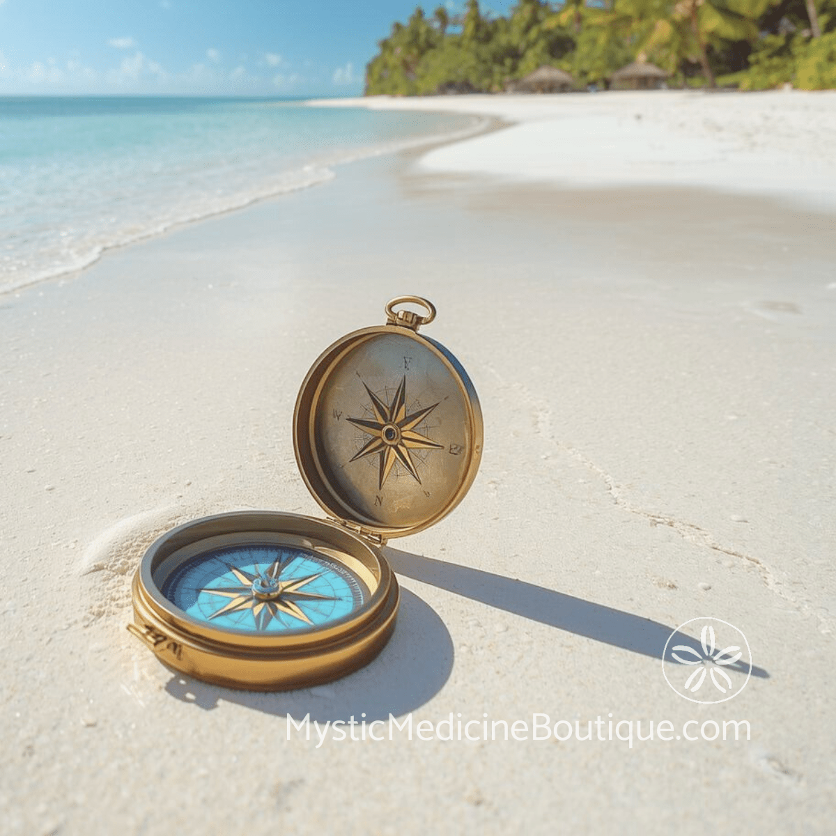 Antique compass open on tropical beach sand — signs you need third eye chakra intuition work, finding inner direction