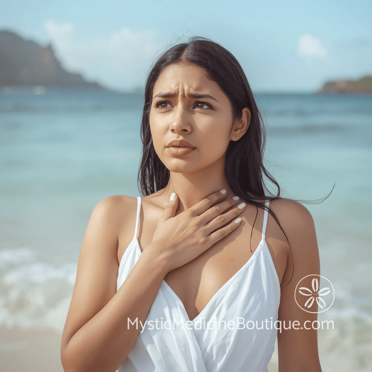 Woman with hand at her throat looking distressed on a beach representing the physical and emotional signs of throat chakra blockage needing healing work