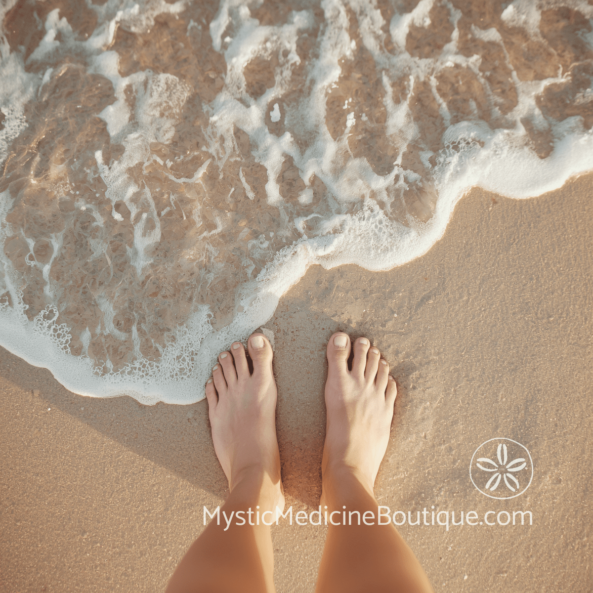 Bare feet standing at the ocean's edge on warm sand with gentle wave foam — signs your root chakra is collapsing during spiritual emergency, explained by an RN Reiki Master